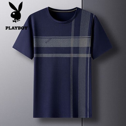 花花公子;PLAYBOY中年男士短袖T恤夏季汗衫宽松休闲圆领口袋上衣中老年爸爸夏装男 TC-短袖-693藏青 2XL 180/2XL/155-175斤
