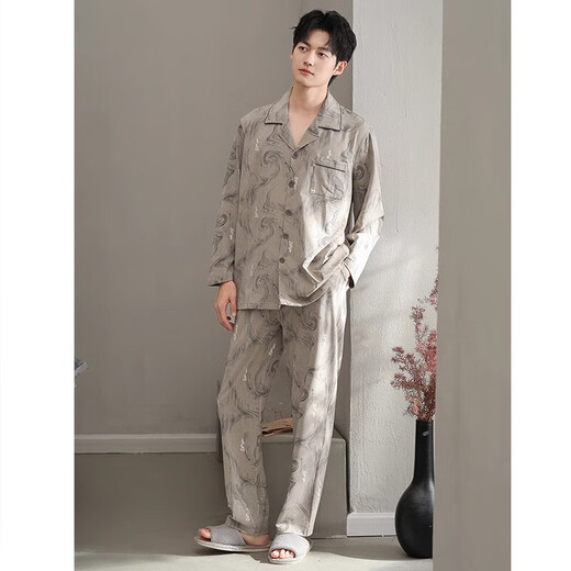 HWHE Light Luxury Brand Herren-Langarmpyjamas 2025 Frühling und Herbst neuer lässiger dünner Stil für externe Kleidung mit großer Größe von Home Clothing Set 13063 Bildfarbe M 90-110Jin [Jin entspricht 0,5 kg]