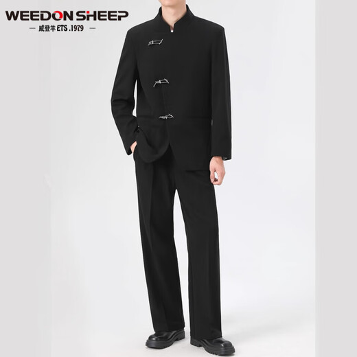 Vaderton Sheep New Chinese Style Zhongshan Groom Robe Suit veste à la tendance et à l'automne Brand Trendy Suite de style chinois ENSEMBLE BLACK Veste + chemise noire + pantalon [trois pièces 3xl [haute qualité]