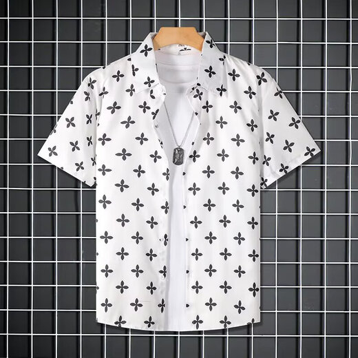 
Short-sleeved shirt men summer striped short-sleeved shirt men casual loose large-sleeved trendy floral shirt jacket square plaid [Storm 673] 2XL