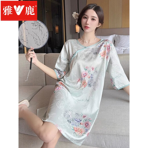 Yalu New Chinese Style Night Dress for Women 2025 New Summer Short Sleeve Thin Chinese Style Night Dress 688-Black and White Butterfly Cool and Silky 2XL 140-160Jin[Jin equals 0.5 kg]