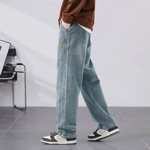 皮尔卡丹（PIERRE CARDIN）牛仔裤男2025新款美式复古潮流男裤直筒宽松紧腰阔腿休闲长裤子 浅蓝色 （1518） M