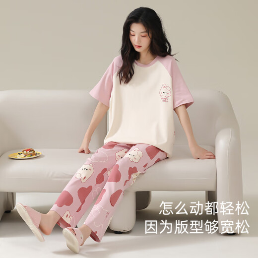猫人（MiiOW）2025新款睡衣女夏季纯棉短袖长裤卡通可爱春秋薄款夏天家居服套装 684B小黑熊 M (建议身高155-162cm建议体