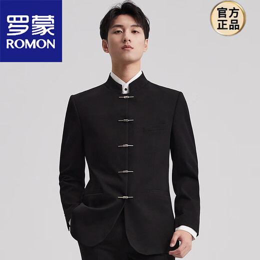 ROMON Chinese tunic suit suit for young men Chinese stand-up collar wedding suit new Chinese style groom suit Chinese style Tang suit black single suit (size too small) 3XL 150-165Jin Jin equals 0.5 kg