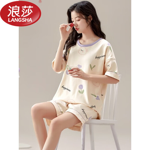 浪莎（LangSha）夏季短袖睡衣女士自带胸垫一体套装纯棉薄款大码可外穿家居服 GXT1047 M码(建议7595斤
