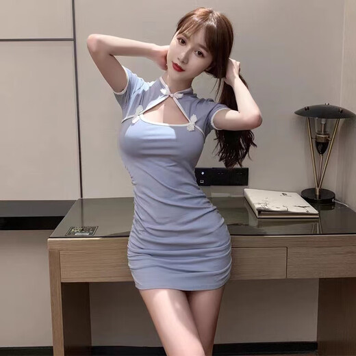 
Sexy women's clothing for nightclubs, sexy dress, bath massage, ear picking skirt, cheongsam technician work clothes, haze blue M [Suggestion 90-108 Jin [Jin equals 0.5 kg]]