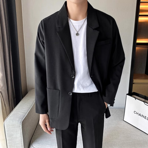 
Playboy business draped casual suit suit men's loose Korean style jacket summer handsome blazer summer black nine-point pants + black jacket XL