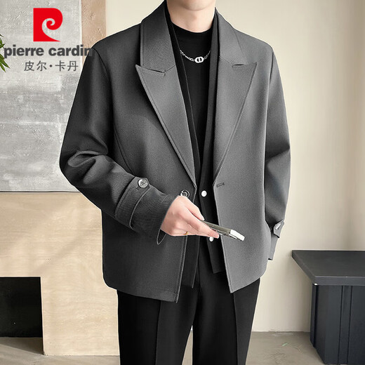 皮尔卡丹（pierre cardin）痞帅假两件夹克外套男西装领潮牌潮流叠穿设计高级感春季西服上衣 黑色 L 【建议125-140斤】