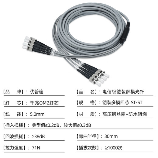 优普连 电信级铠装多模光纤跳线LC-LC四六芯八芯ST/SC/FC4/6/8芯软铠带钢圈尾纤防鼠抗拉 铠装多模四芯ST-ST 20米