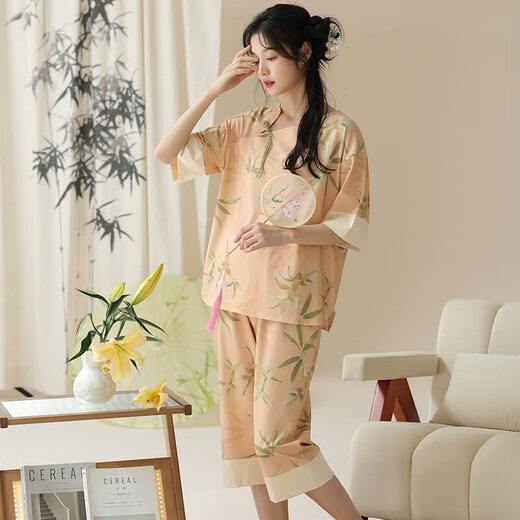 2025 new pajamas for women in summer short-sleeved suit for Chinese style knitted cotton cropped pants casual home clothes can be worn outside 9908 L [100-120Jin [Jin equals 0.5 kg]]