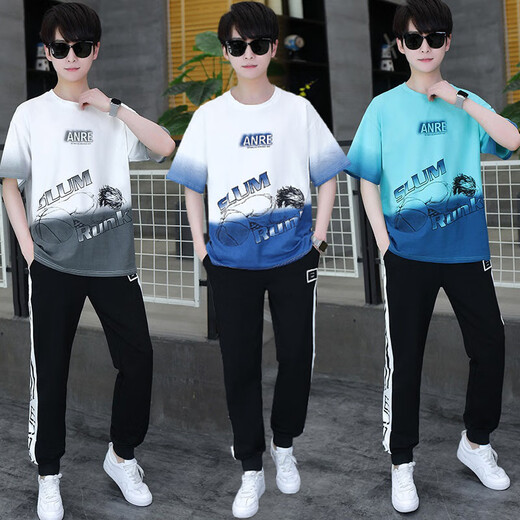 乐琪娅夏季青少年短袖T恤男孩衣服高中初中学生大童夏装帅气运动套装潮 白蓝色 套装TZ9226款 M 【70-90斤】