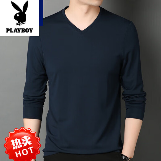Playboy (PLAYBOY) Modal T-shirt men's long-sleeved V-neck spring and autumn underwear casual spring tops ice silk summer thin low-neck bottoming shirt 1506 V-neck navy M 165