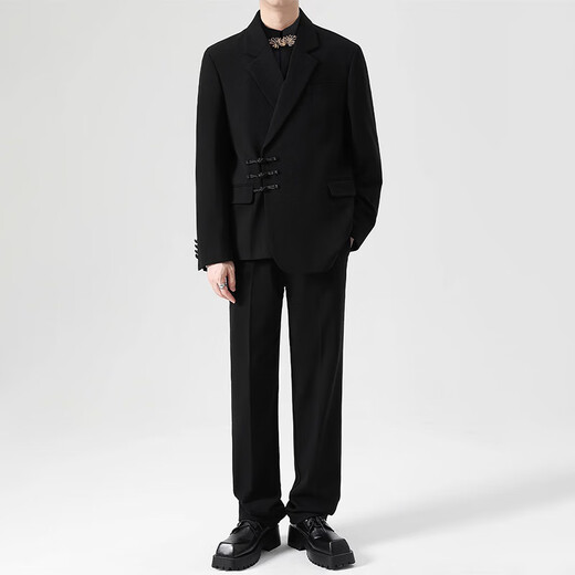 GOKU new Chinese style plate button suit suit for men Chinese style engagement wedding groom Chinese tunic dress Tang suit suit men black suit + shirt + pants 5XL recommended weight 190-200Jin Jin equals 0.5 kg