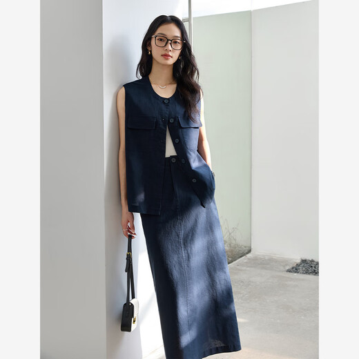 梵希蔓时尚气质无袖马甲套装裙女2025年夏季新款直筒半身裙两件套 M9905 藏青色 S