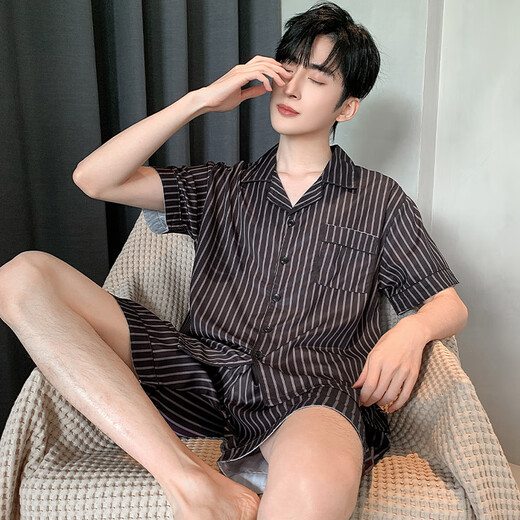 Modal 2025 Nouveau pyjamas pour hommes de glace d'été masculine short à manches courts à manche mince garçons printemps et automne les vêtements à domicile adolescents conviennent à la soie de glace 6629 l (hauteur suggérée 170 et poids 100-