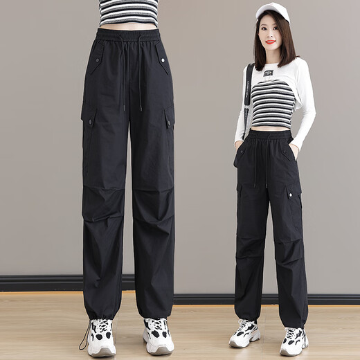 洋芯格 YOUNG FEELING美式工装裤女夏季薄速干裤2025新款高腰休闲裤宽松直筒冰丝运动裤 9929黑色 S /26（建议85-95斤）