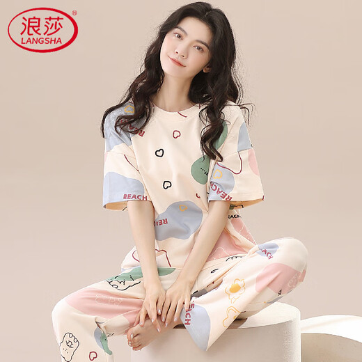 浪莎（LangSha）高档2025年新款睡衣女夏纯棉短袖长裤款女士家居服薄款两件套装 ZH-9721 M