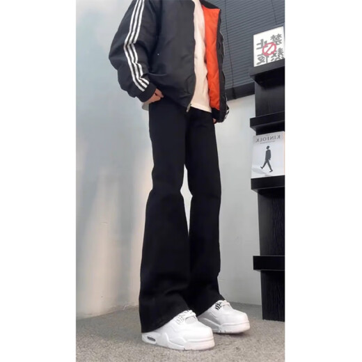 POUM黑色弯刀柳叶牛仔裤男春秋夏季款潮流显瘦美式高街直筒微喇裤子男 DFFS-701黑色 2XL