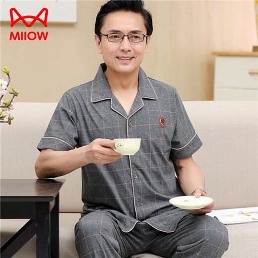 
Catman (MiiOW) Middle-aged dad pajamas men's summer short-sleeved trousers 100 pure cotton suit for the elderly to add fat and larger size thin style 698 L (recommended 110-130 Jin [Jin equals 0.5 kg])