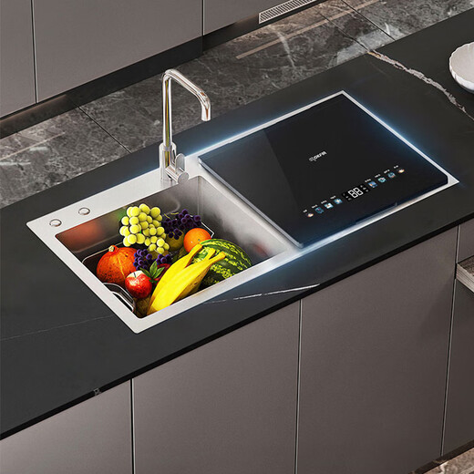 Merkfield's patented meal waste crusher sink dishwasher home kitchen embedded integrated sink dishwasher integrated cleaning and storage three-in-one ultrasonic cleaning black single tank stainless steel inner cavity + crushed residue (water outlet on the right)