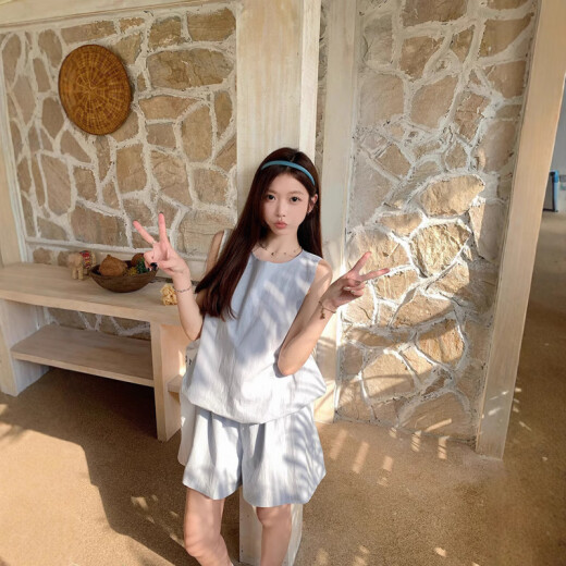 Rongxitu Dopamine Girls zweiteilige ärmellose Weste mit hohen Taillenbreite Bein Shorts Abschleife 9719 Aprikosengrün Top l