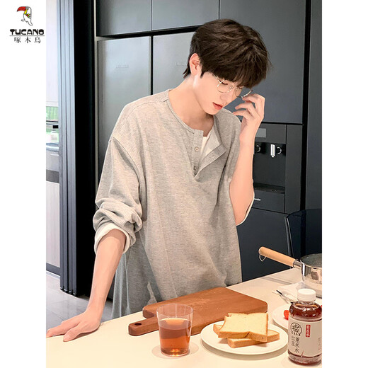Woodpecker (TUCANO) gray fake two-piece long-sleeved Henry collar t-shirt men's summer waffle sweatshirt American sports inner layering shirt gray/quality upgrade 90% of buyers choose M 105-120Jin Jin equals 0.5 kg