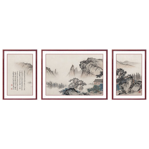 出写望云楼客厅装饰画沙发背景墙挂画国画山水画三联画办公室茶室壁画 759-07款 90*120左右60*90cm 实木框+油画布面