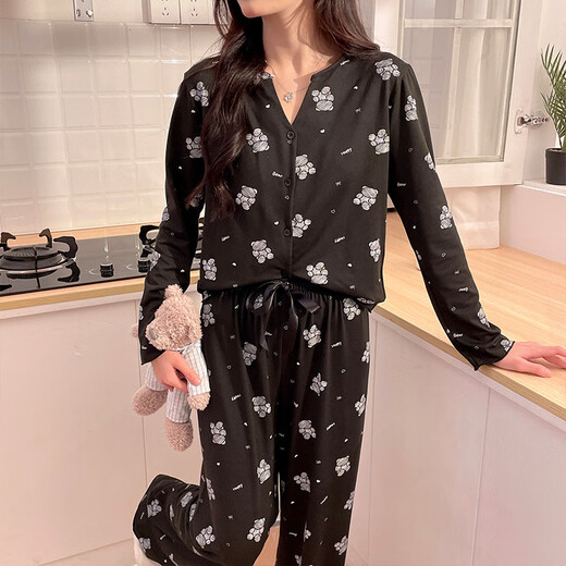
S.SOFEA black long-sleeved pajamas two-piece set for female students in spring and autumn can wear home clothes for simple and casual three-piece set WX13803 black (with chest pad) 170 M (80-100Jin [Jin equals 0.5 kg])