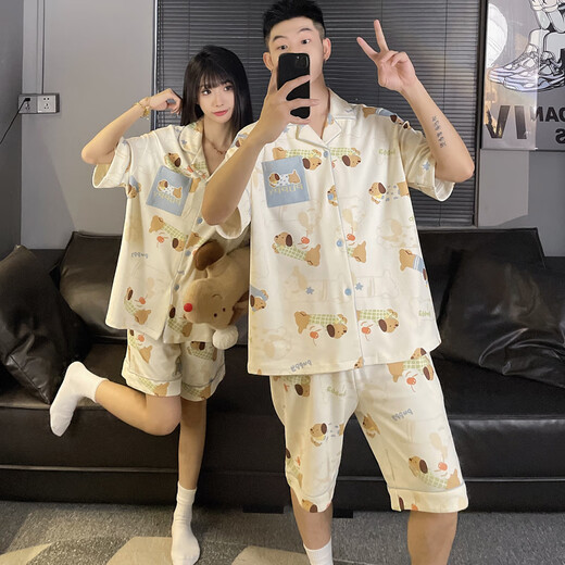雅鹿情侣睡衣男女款夏季短袖加大码加肥卡通小狗薄款家居服可外穿套装 MJ-S761#米其双短(男图) M 75-95斤