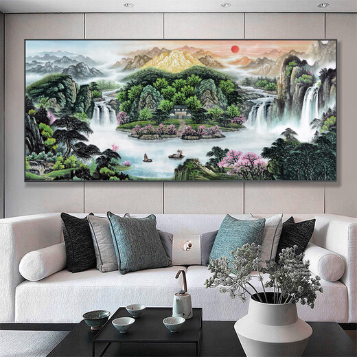 花乐集新中式山水画客厅挂画背景墙装饰画中堂壁画风景画国画办公室字画 CT-878【家和万事兴】 140*60cm 加厚拉丝铝合金边框+防