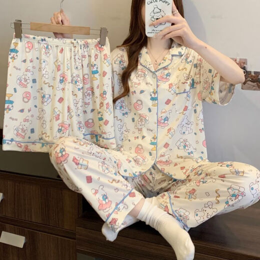琉善睡衣女夏季新款短袖长裤纯棉薄款三件套甜美可爱学生家居服可外穿 FS-14132三件套 M 【75-95】