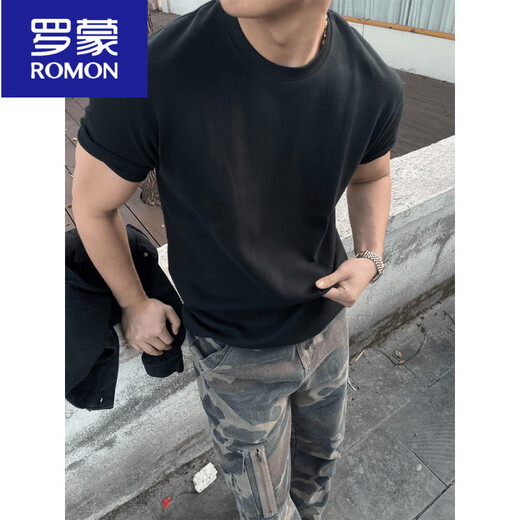 罗蒙（ROMON）黑色重磅纯棉小领口T恤男款夏季潮牌美式修身显肌肉正肩收口短袖 黑色 M (适合)100-115斤