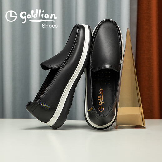 Goldlion Men's Shoes Shopping Mall Same Style Leather Shoes Light Cushioning Breathable Sleeve Business Casual Shoes G255410134AAB Black 41