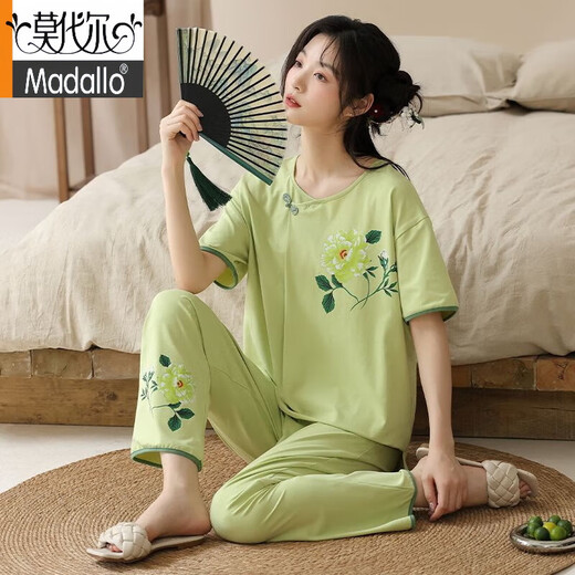 莫代尔新中式睡衣女夏季新款新疆棉短袖长裤薄款可外穿家居服睡衣女士套 9905 M 建议80到100斤