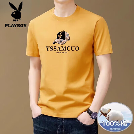 花花公子（PLAYBOY）品牌男装100%纯棉男短袖t恤圆领潮流时尚印花半袖汗衫体恤 9922黄色 M 建议95-120斤