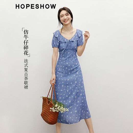 Rothülle Blumenkleid 2025 Sommer Neue Frauenkleidung vor Schulter Puff Ärmel Taille V-Ausschnitt Denim Japanischer Puppenrock Denim Blue Flower 677 XL