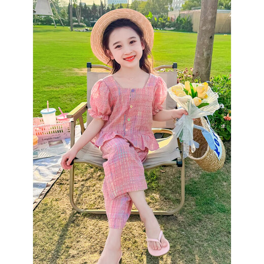 Disney (Disney) Girls Summer Set 2025 Neue Kinder modische modische Baby Sommerplaid Kleidung Zwei-teilige koreanische Version Pink 130 cm