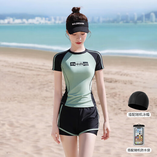 F.DYRAA swimsuit women's high-end split short-sleeved slimming professional swimming pool four-piece set 13028 white green XL
