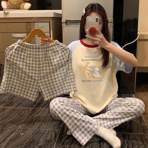 Aifenrou pijamas de tres piezas de verano para mujer pantalones de manga corta de algodón puro conjunto fino y lindo para niñas primavera otoño verano conjunto de ropa para el hogar conjunto de tres piezas W1105K manga corta + pantalones cortos + pantalones M Peso 80-100 Jin Jin equivale a 0,5 kg