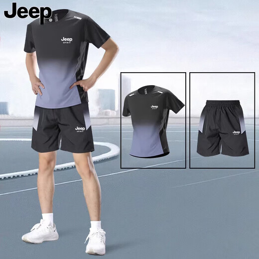 
JEEP SPIRIT Jeep Ice Silk Set Men's 2025 Summer New Short Sleeve T-Shirt Men's Running Fitness Basketball Quick Dry Sportswear 9901 Black and Gray Set XL