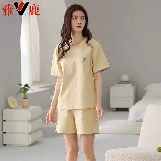 雅鹿睡衣女夏季纯棉短袖短裤简约休闲全棉薄款可外穿家居服套装 Z9854 M 建议80-100斤