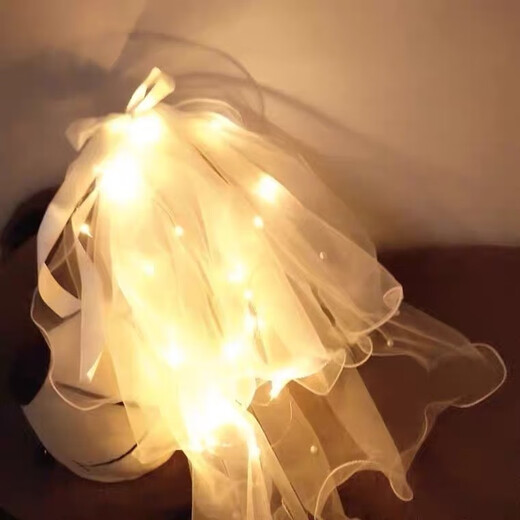 SNQP Korean new style bridal veil children's headdress with light long ribbon bow forest photo glowing little girl pearl veil with light [1 piece]