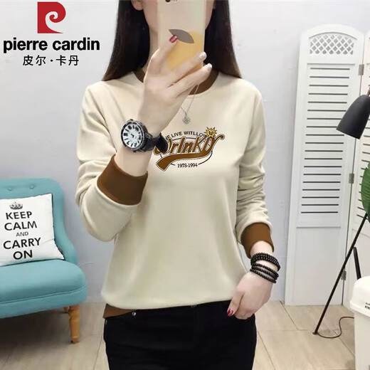 Pierre Cardin Early Frühling Neues 2025 Langsalz T-Shirt für Frauen dünn lose und vielseitig Herbst und Winter modischem Hutloses Sweatshirt für Frauen außerhalb von 5009 Milchkaffee [Frühling und Herbst vielseitig] M empfohlen 85-100jin [Jin gleich 0,5 kg]