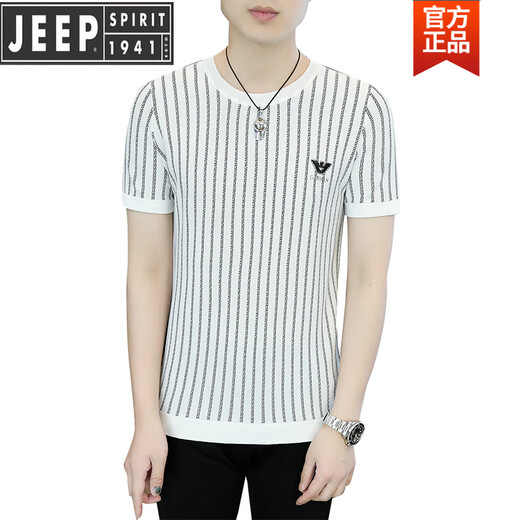 JEEP高档条纹短袖t恤夏季高端潮牌休闲半袖T恤冰丝透气欧货男装上衣男 B黑色6623 1-6-58 M