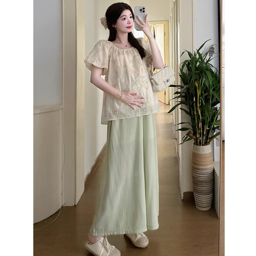 Mamá el color de color natural de la mamá Summer 2025 NUEVA FALLA Fashion Sweet Sweet Square Puff Fina Top de dos piezas Top de dos piezas + pantalones L