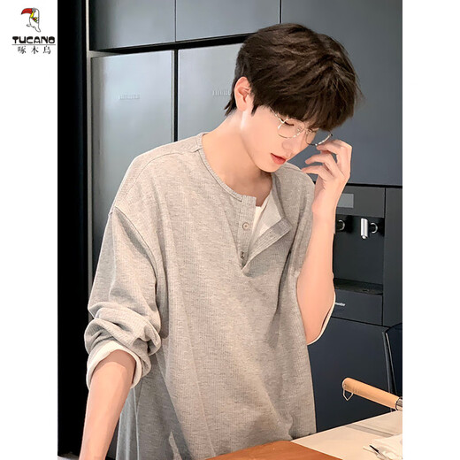 Woodpecker (TUCANO) gray fake two-piece long-sleeved Henry collar t-shirt men's summer waffle sweatshirt American sports inner layering shirt gray/quality upgrade 90% of buyers choose M 105-120Jin Jin equals 0.5 kg