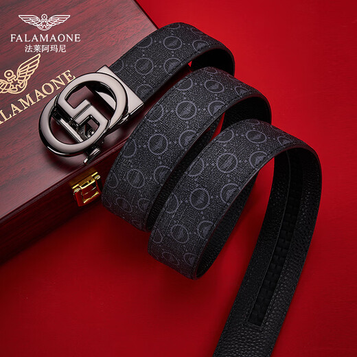 FALAMAONE品牌真牛皮男士皮带情人节裤腰带时尚商务潮流男友父亲节生日礼物 PD844枪色合金带扣 印花皮带【木盒包装】