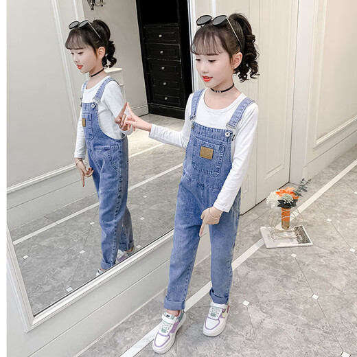 G.Duckkids kleine gelbe Ente Mädchen Denim Overalls Frühlings- und Herbsthosen Mädchen Herbst Big Children Zwei-teilige Kinder Lose und Mode Set 212 Leder Mark + Hemdhose + Hemd 130 wahre Größe kann nicht groß sein