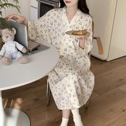 Bei Yifu nightgown spring and autumn women's pure cotton gauze peach summer bathrobe Japanese kimono yukata women's nightgown summer pajamas QKM671# purple flower XL
