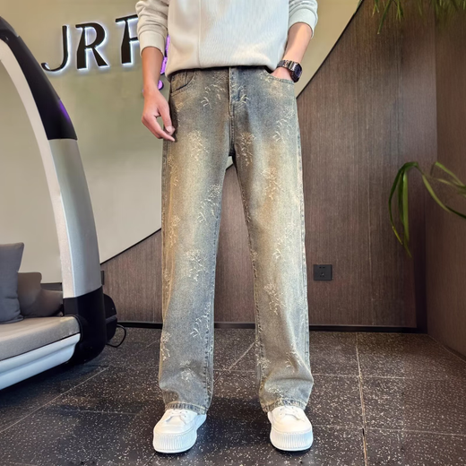 Yiran presents straight jeans for men, handsome and high-end machete pants, trendy slimming and loose men's pants, spring and autumn new casual pants, light blue L recommended 120-135 Jin Jin equals 0.5 kg